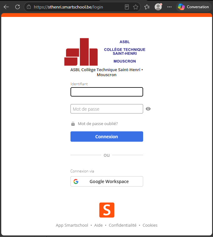 Fenêtre de connexion Smartschool du Collège Technique Saint-Henri