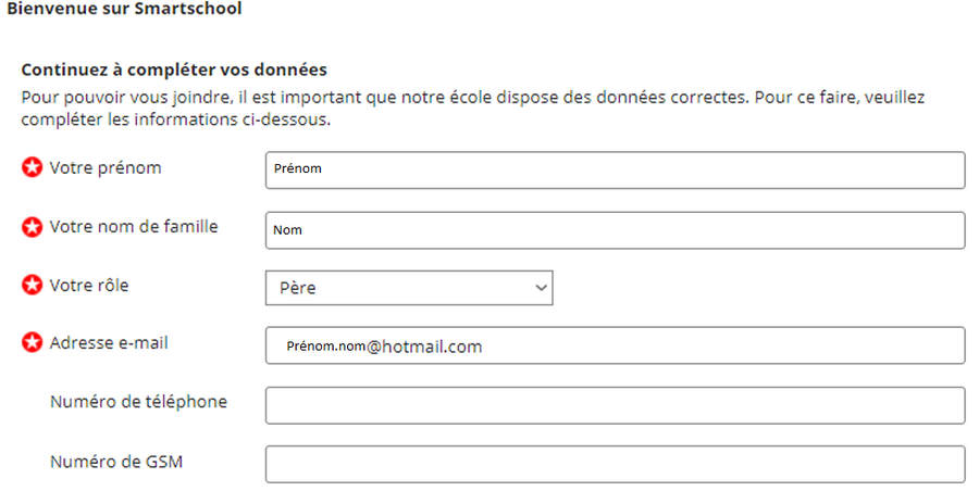 Formulaire de bienvenue Smartschool à compléter par le parent